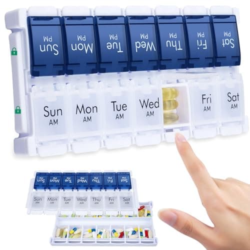 MERICARGO Weekly Pill Organizer 2 Times a Day, Easy Fill Large Pill Box 7 Day, Am Pm Medicine Organizer, Push Button Daily Pill Case for Vitamin, Fish Oil, Supplements