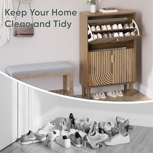 Smuxee Shoe Cabinet with 2 Flip Drawers, 23.6" Walnut Hidden Shoe Storage Cabinet with Line Groove Design, Freestanding Shoe Organizer Cabinet for Entryway, Hallway, Living Room 7