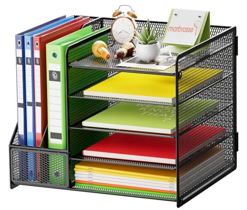Marbrasse Desk Organizer with File Holder, 5-Tier Paper Letter Tray Organizer, Mesh Desk Organizers and Accessories with Magazine Holder, Desktop Storage for Office Supplies (Black)