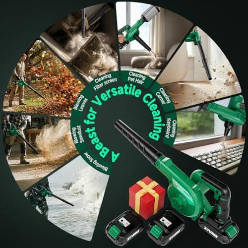 K I M O. Cordless Leaf Blower Vacuum Combo 4 in 1, 3 Nozzles &3 Modes for Inflation & Deflation, Extended Tube & Variable Speed, 20000RPM 150MPH, 2x2000mAh Battery Powered Leaf Blowers for Lawn Care 9