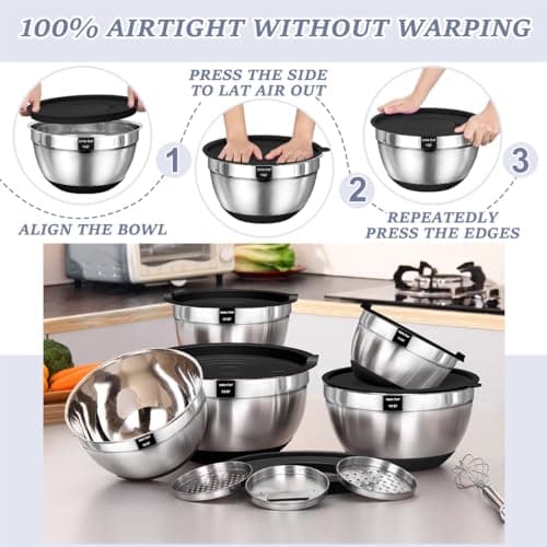 Umite Chef Mixing Bowls with Airtight Lids, 8PCS Stainless Steel Nesting Mixing Bowls Set, 3 Grater Attachments & Non-Slip Bottoms, Black Kitchen Bowls, Size 5, 4, 3.5, 2, 1.5QT for Baking & Serving 6