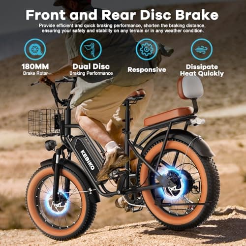 EUYBIKE Electric Bike for Adults, 20"x 4" Fat Tire 35MPH Ebike, 1450W Peak Cargo Ebike with 48V 20AH Removable Battery, 80 Miles Mechanical Disc Brake 2 Seater Electric Bicycle Black with Safety Seat 7