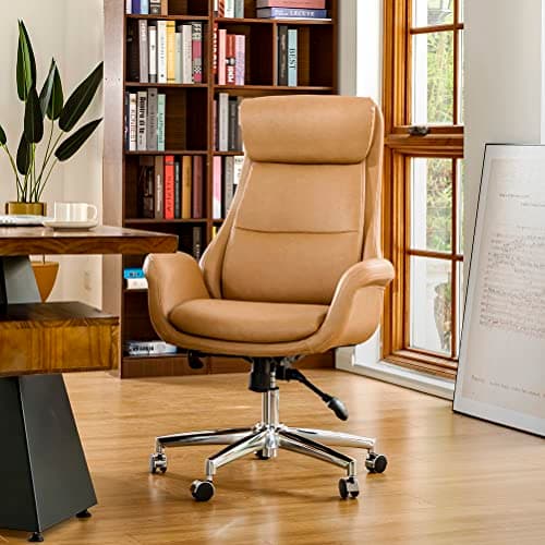 Glitzhome Modern Executive Office Chair, High Back PU Leather Ergonomic Computer Desk Chair, Adjustable Height Swivel Office Task Chair with Lumbar Back Support (Camel)