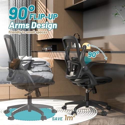 Ergonomic Mesh Office Chair Comfy Swivel Black Home Desk Chair Comfortable Modern Computer Chair Flip Up Arms with Lumbar Support Task Chair with Wheels Office Desk Chair Adjustable Height 7