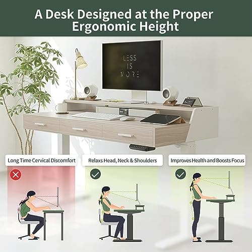 FEZIBO Electric Standing Desk 55x26 Inches with 3 Wood Drawers and Monitor Shelf, Height Adjustable Computer Desk, Ergonomic Rising Home Office Desks, Sit Stand Up Workstation Table, Light Walnut 7