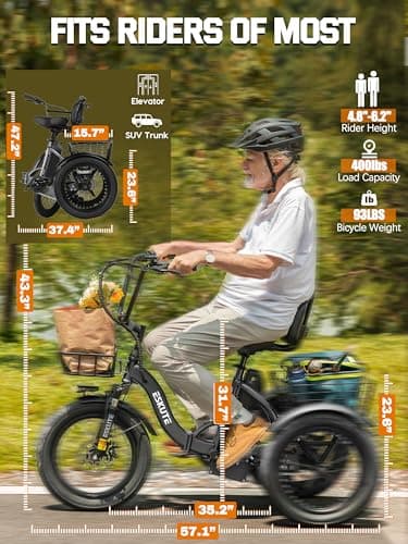 ESKUTE E Trike Electric Bike, Peak 1200W Brushless Motor Folding Trike 18X3.0 Fat Tire Ebike, 624Wh Battery, Step-Thru 3 Wheel Electric Bicycle, 55 Miles, 18MPH+ Tricycle for Adults Black Classic 7