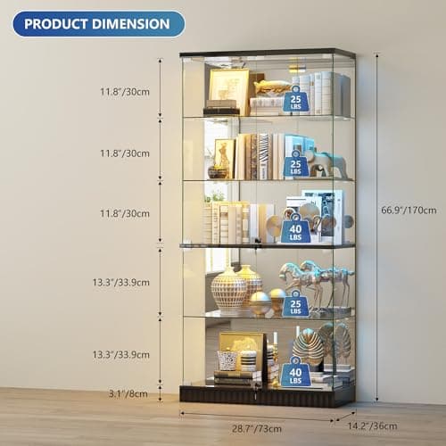 Glass Display Cabinet with RGB Lights - 5-Tiers Curio Cabinet Display Case with Lock, Frameless Tall Showcase Display Shelf for Collectibles & Legos, Living Room Bookcase Storage Cabinet (Black) 8