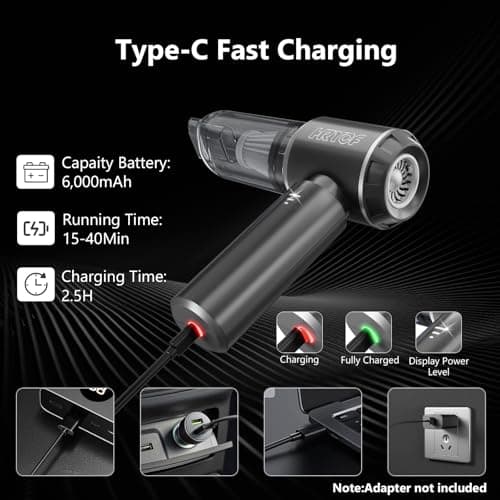 HRYCF Car Vacuum Cordless, Mini Portable Vacuum Cordless for Car, 4-in-1 20000PA High Power Portable Rechargeable Vacuum Cleaner with Brushless Motor, Small Handheld Vacuum & Air Blower & Pump-Grey 5