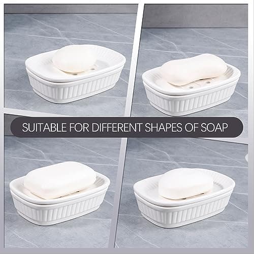 ANTIS'S HOME Ceramic Soap Dish, Self-draining Soap Holder, Double Layer Bar Soap Holder, White Draining Soap Dishes for Bathroom Shower Kitchen, Minimalist Vintage Style, Keep Soap Dry 5