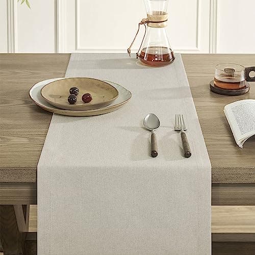 ZeeMart Basic Linen Style Table Runner, 14 x 90 Inch Raw Linen, Rustic Farmhouse Light Beige Table Runners 90 Inches Long, Everyday Polyester Table Runner - Machine Washable & Easy Care 5
