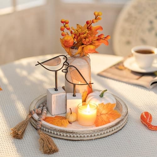 Hanobe Round Wooden Decorative Tray: White Washed Bead Tray Decor for Coffee Table Centerpiece Rustic Farmhouse Tray for Kitchen Counter Living Room Easter Decoration 9