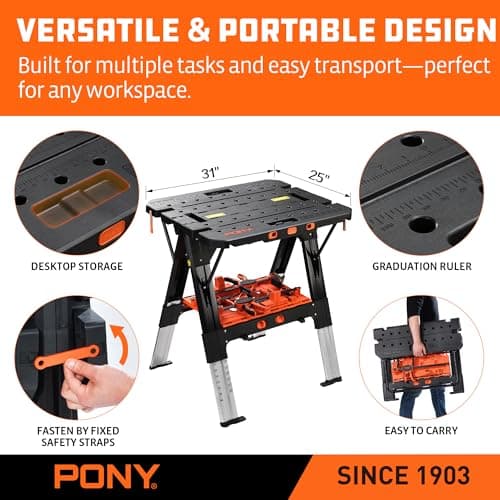Pony Portable Folding Work Table, 2-in-1 as Sawhorse & Workbench, 31” W×25” D×25”-35”H, Large Load Capacity with 4pcs Clamps, 4pcs Bench Dogs 8