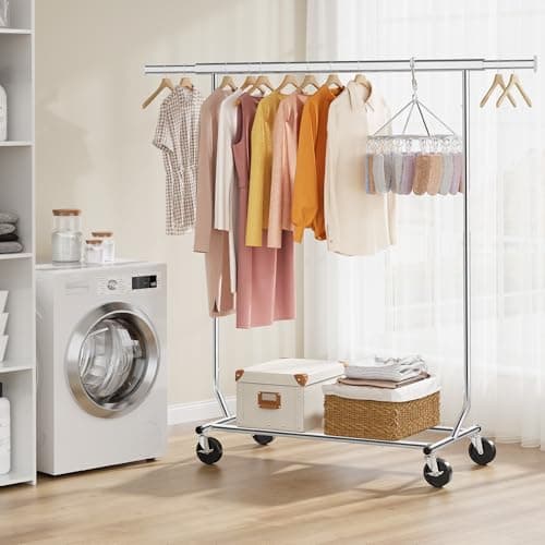 Tajsoon Clothes Rack Heavy Duty Clothing Rack Load 350 LBS, Rolling Garment Rack with Wheels and Extendable Rod, Collapsible Clothing Rack for Hanging Clothes with Bottom Shelf, Chrome 8