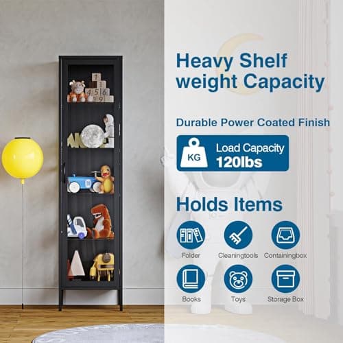 PEUKC Display Storage Cabinet with Glass Doors, 71 Inches Metal Curio Cabinets with 4 Adjustable Shelves, HD&Tempered Glass Cabinet Display Case for Home, Office, Pantry, Assemble Required (Black) 5
