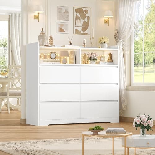FOTOSOK White Dresser 6 Drawer, 47.2" Dresser for Bedroom Chest of Drawers with 2 Open Cabinets, Wood Dresser Modern Dresser Storage Drawers for Home & Office 4
