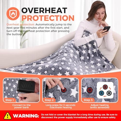 KSFJZF Heated Blanket, Cordless Portable Heated Throw Blanket, Battery Operated Heating Blanket with Rechargeable 20000mAh Power Bank, 59" x 35.5" Electric Heated Shawl, 3​​ Fast-Heating Levels (Navy) 5