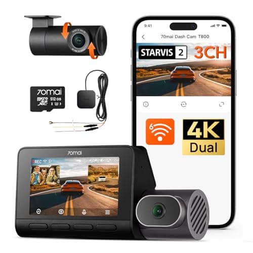 【70mai Dash Cam T800+4G Hardwire Kit UP05】 70mai T800 3 Channel Dash Cam Front and Rear Inside(4K+4K+1080P), Dash Camera for Car with STARVIS 2 IMX678, HDR Night Vision, 512GB Card, 24H Parking Mode