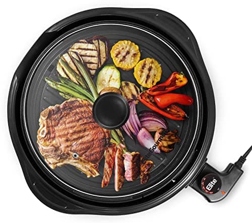 Elite Gourmet EMG1100 11" Electric Indoor Nonstick Grill Dishwasher Safe, Cool Touch, Fast Heat Up Ideal Low-Fat Meals, Includes Tempered Glass Lid, Black