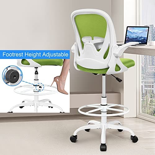 Primy Drafting Chair Tall Office Chair with Flip-up Armrests Executive Ergonomic Computer Standing Desk Chair with Lumbar Support and Adjustable Footrest Ring（Green） 5