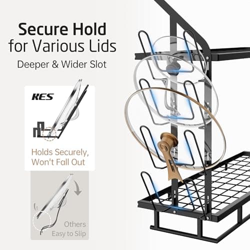 KES 30-Inch Pot Rack Wall Mounted with 8 Secure Lid Holders & 12 Sturdy Hooks, 2-Tier Kitchen Hanging Pot and Pan Organizer, Ample Storage for Tall Cookware, KUR215S75C-BK 4