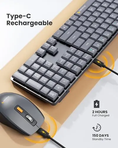 ProtoArc Mechanical Keyboard and Mouse, MECH KM200 2.4G Wireless Rechargeable Keyboard Mouse, Low Profile Keys, Brown Switches, Full Size, for Laptop, PC, Notebook, Desktop - Space Gray 6