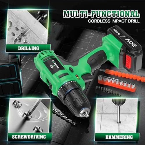 Cordless Drill Set, 3/8 Drill Handheld Screwdriver Kit with 18+1 Torque Setting, 20V Electric Drills Tools Bit, LED Electric Power Drills with Battery and Charger, 1 Battery 7