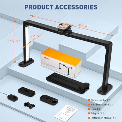 KIRKAS 34inch Large Half Moon Light for Nail Tech, 456 LEDs 3 Color Modes Infinitely Knob Arch Nail Light with Phone Holder Charging Function, Foldable Lighted Desk Lamp for Manicure, Handicraft-Black 8