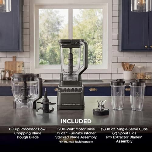 Ninja Kitchen System | All-in-One for Smoothies, Frozen Drinks, Veggie Chopper & More | With Full-Size Pitcher, 8 Cup Food Processor Bowl, (2) 18 oz. Cups, | 1200 Watt | Dark Grey | BR601AMZ 7