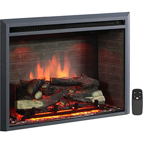 PuraFlame Western Electric Fireplace Insert with Fire Crackling Sound, Remote Control, 750/1500W, Black, 33 1/16 Inches Wide, 25 9/16 Inches High
