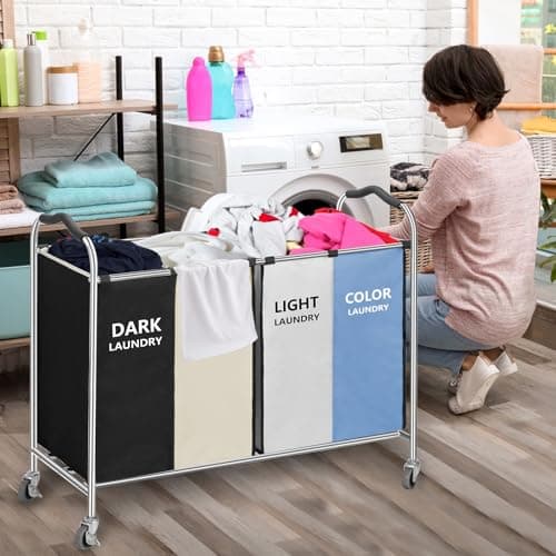 Laundry Basket, Large Laundry Hamper with Wheels, 4 Section Laundry Bag for Dirty Clothes, Towel Organizer & Toys Storage Cart in Laundry Room Organization (4 Section Blue) 5