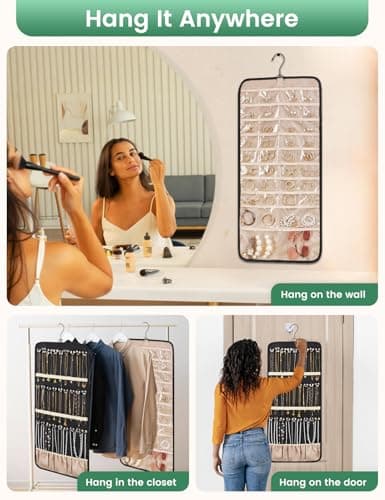 Carbrea Hanging Jewelry Organizer - Large Double-Sided Jewelry Storage Butterfly Necklace Holder Earrings Holder Organizer with Metal Hook for Door Closet Wall - Black 7