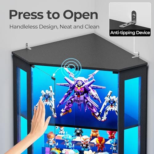 IRONCK 71 Inch Carbon Fiber Corner Glass Display Cabinet with Human Body Sensor & 6-Color LED Lights, 4-Tier Tempered Glass Display Case with 2 Adjustable Shelves for Collectibles, Toys, Black 9
