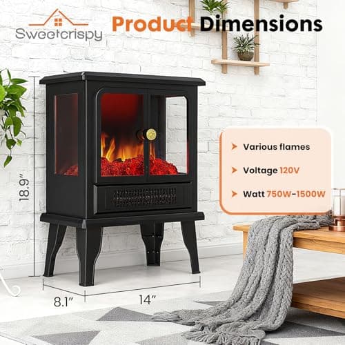 Sweetcrispy 19” Freestanding Electric Fireplace Heater, Indoor Fireplace with Adjustable Flame Effect, Easy Control, Small Corner Heater for Living Room, Bedroom, Carbon Black 8