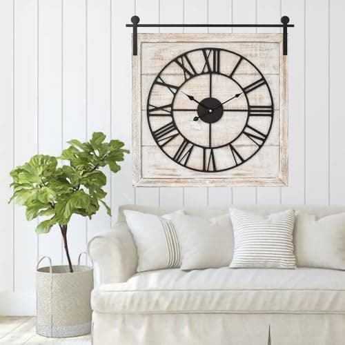 Vintage Barn Door Wall Clock - Distressed White Wash Finish, Large Rustic Farmhouse Wood Clock for Home, Wall and Farmhouse Décor, 24x23.6 Inches 6