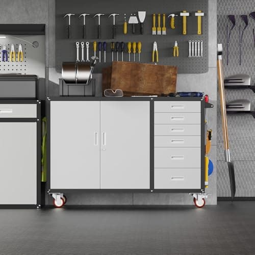 Eltean 55" W Rolling Workbench with 6 Drawers and Storage Cabinet,1000 LB Capacity Heavy Duty Work Bench with Pegboard and Adjustable Shelf,Garage Workbench with Wheels for Repair Shop/Workshop 9