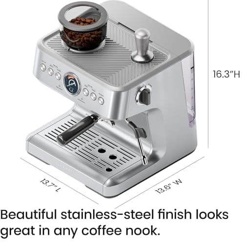 Chefman Crema Supreme 15 Bar Espresso Machine with Milk Frother, Barista Steam Wand, Professional Coffee Maker with Coffee Grinder, 30 Grind Settings, 3L Removable Water Tank - Stainless Steel 8