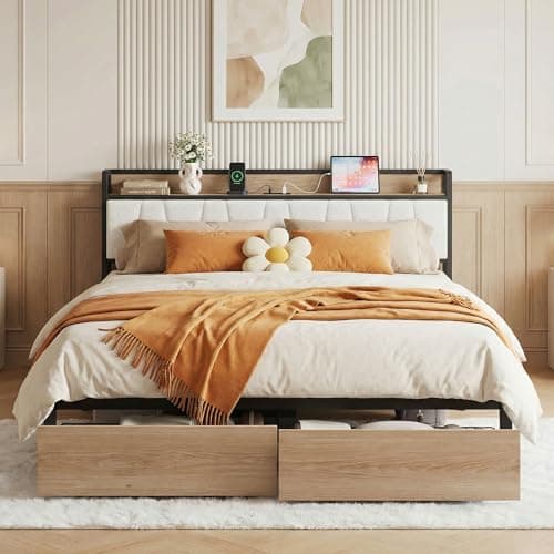 LIKIMIO California King Size Bed Frame, Storage Headboard with Charging Station, Platform Bed with Drawers, No Box Spring Needed, Easy Assembly, Wood and Cream