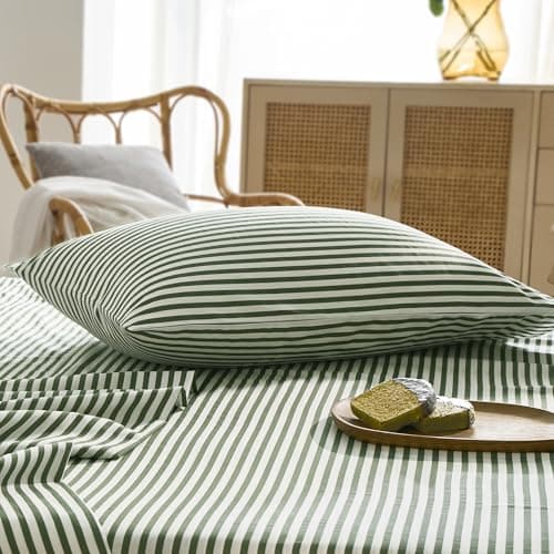 JELLYMONI 100% Natural Cotton Striped Standard Pillowcases Set, 2 Pack White and Green Stripes Pattern Printed Pillow Covers with Envelope Closure(Pillows are not Included) 6