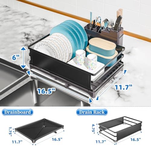 Simple Trending Dish Drying Rack, Dish Drainer for Kitchen Counter, Dish Rack with Tray for Large Capacity, Black 7