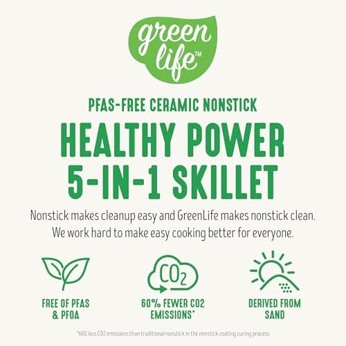 GreenLife 12" 5QT Square Electric Skillet, Glass Vented Lid, Ceramic PFAS-Free Nonstick Interior, Adjustable Temperature Control, Cool Touch Handles, Quick Even Heating, Scratch Resistant, Turquoise 8