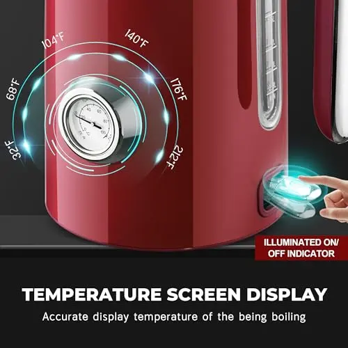 SUSTEAS Electric Kettle - 57oz Hot Tea Water Boiler with Thermometer, 1500W Fast Heating Stainless Steel Pot, Cordless LED Indicator, Auto Shut-Off & Boil Dry Protection, Red 8
