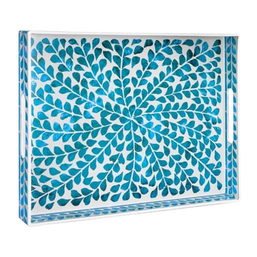 MAONAME Blue Decorative Tray, Plastic Serving Tray with Handles, Leaf Pattern Sticker Trays, Rectangular Trays for Living Room, 15.7" X 10.2" X 1.57"