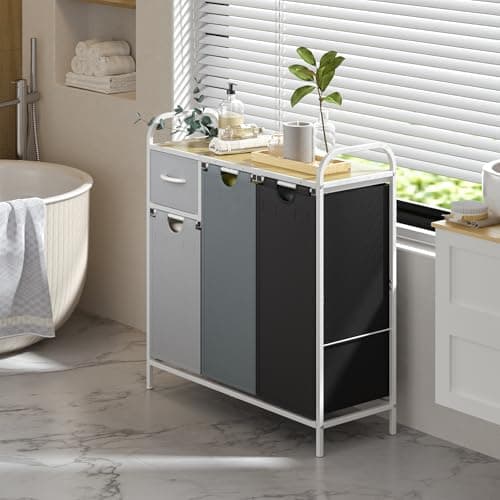 Yecaye Laundry Sorter 3 Section, Laundry Hamper with Shelf and 1 Drawer, 35.7Gal(135L) Clothes Basket Organizer, Pull-Out and Removable Oxford Fabric Laundry Bags for Laundry Room, Bedroom, Bathroom 8