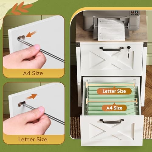 DEVAISE 2 Drawer File Cabinet with Lock, Wood Farmhouse Filing Cabinet for Home Office, Printer Stand Fits Letter and A4 Size, White 5