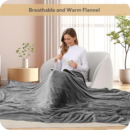 SUNNY HEAT Electric Heated Blanket 72"x84" Full Size Cozy Warm Double Sided Flannel with 4 Heating Levels & 10H Shut Off, Machine Washable Soft Blanket for Bed & Office, Light Grey 6