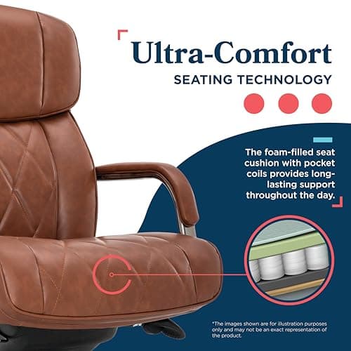 La-Z-Boy Symphony Executive Mid-Back Office Chair, Diamond Quilt Seat and Back, Pocket Coil Cushion, Padded Armrests, Ergonomic Computer DeskChair, Swivel Metal Base, Bonded Leather, Cognac/Graphite 5