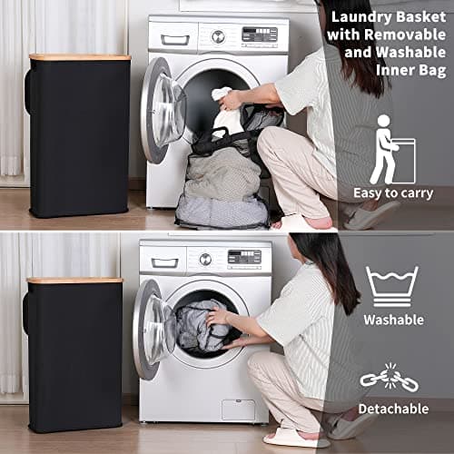 iEGrow 60L Slim Laundry Hamper with Lid,Black Hampers for Laundry,Narrow Laundry Basket with Removable Inner Bag & Bamboo Handles,Tall Thin Clothes Hamper for Clothes Toys Towels Organization 7