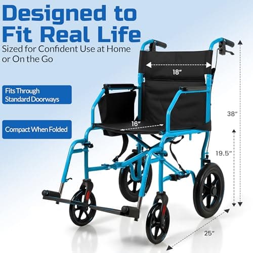 Platinum Health Hummingbird™ Ultra-Lightweight Foldable Transport Wheelchair, Handbrakes,12-Inch Rear Wheels, Extra-Wide Seat. Convenient Table-Length Padded Armrests. (Sky Blue) 6
