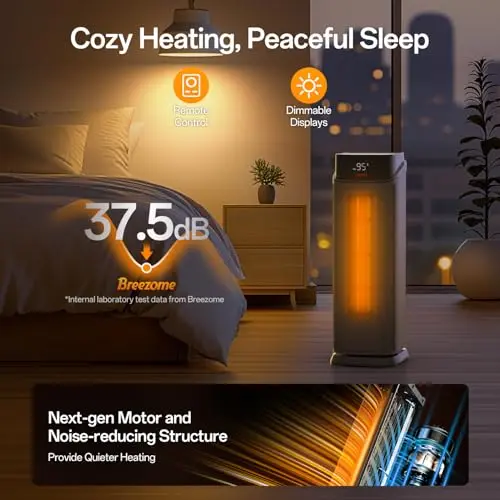BREEZOME Space Heater Indoor, 1500W PTC Portable Electric Heaters for Home with Thermostat & 90° Oscillating, 24H Timer, Quiet Safety Ceramic Tower Heater with Remote for Bedroom Office 6