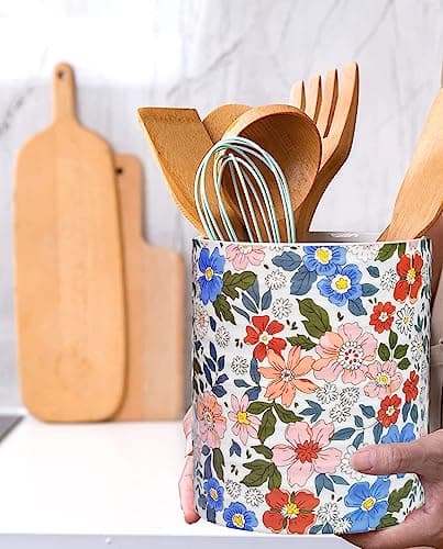 LEAZUL Kitchen Utensil Holder,7.2″Extra Large Stable Vintage Floral Pattern Ceramic Utensil Crock,Flower Utensil Organizer for Countertop,Kitchen Decor,Utensil Holder for Housewarming Gift Pink 6